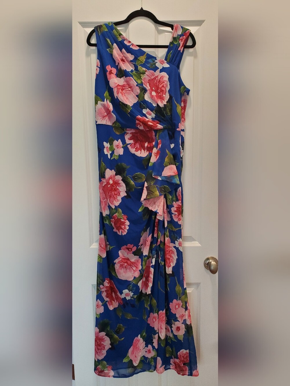 Adrianna Papell Blue Floral Sleeveless, A-symetrical Draped Gown, Sz 14